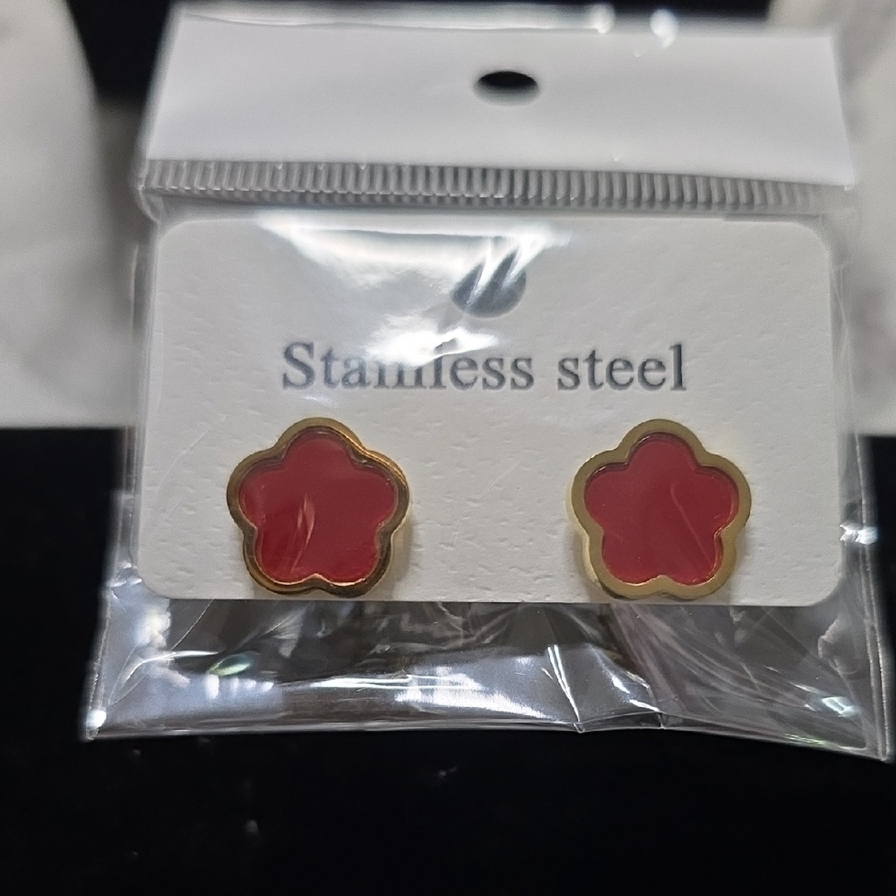 Gold and Red Stainless Steel Flower Earrings